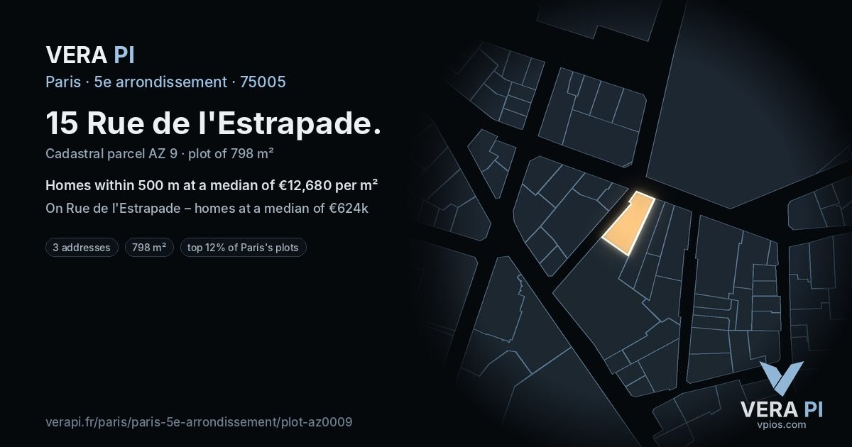 15 Rue de l'Estrapade, 5e arrondissement at night – the plot lit, the parcels around coloured by the prices near them