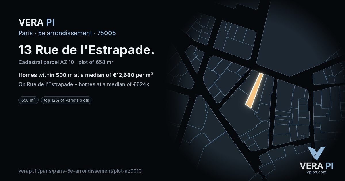 13 Rue de l'Estrapade, 5e arrondissement at night – the plot lit, the parcels around coloured by the prices near them