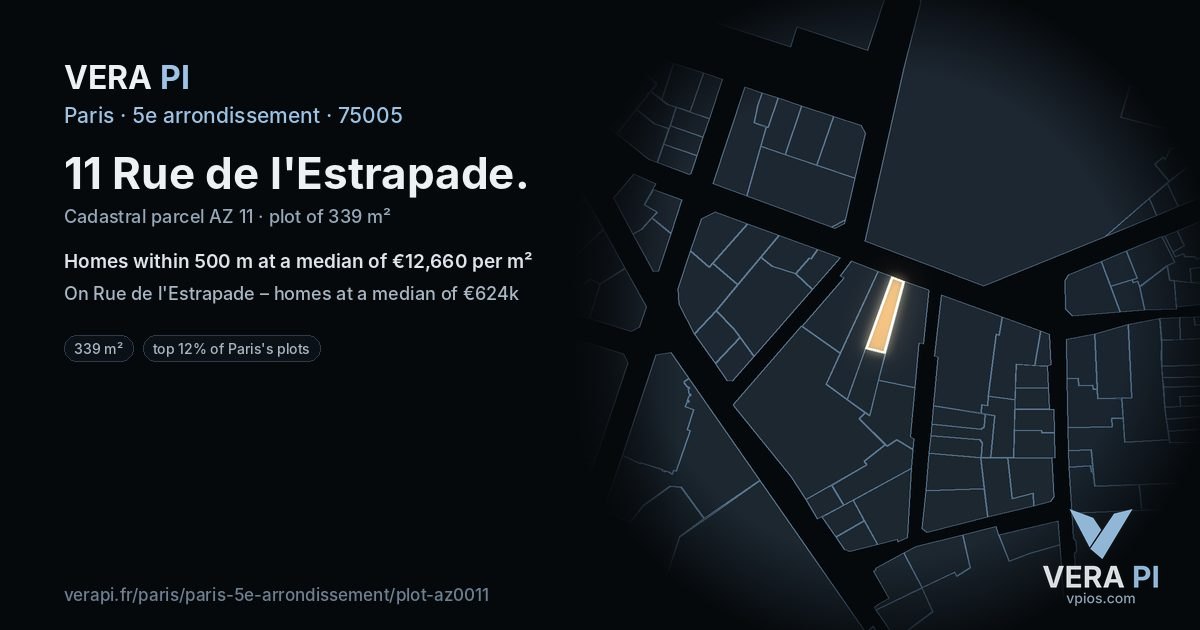 11 Rue de l'Estrapade, 5e arrondissement at night – the plot lit, the parcels around coloured by the prices near them