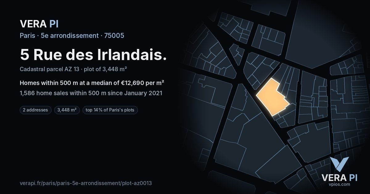 5 Rue des Irlandais, 5e arrondissement at night – the plot lit, the parcels around coloured by the prices near them