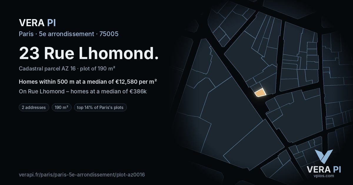23 Rue Lhomond, 5e arrondissement at night – the plot lit, the parcels around coloured by the prices near them