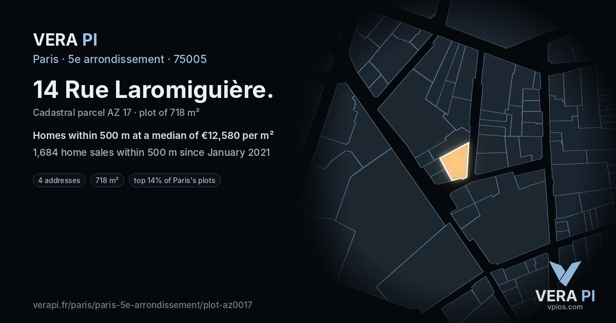 14 Rue Laromiguière, 5e arrondissement at night – the plot lit, the parcels around coloured by the prices near them