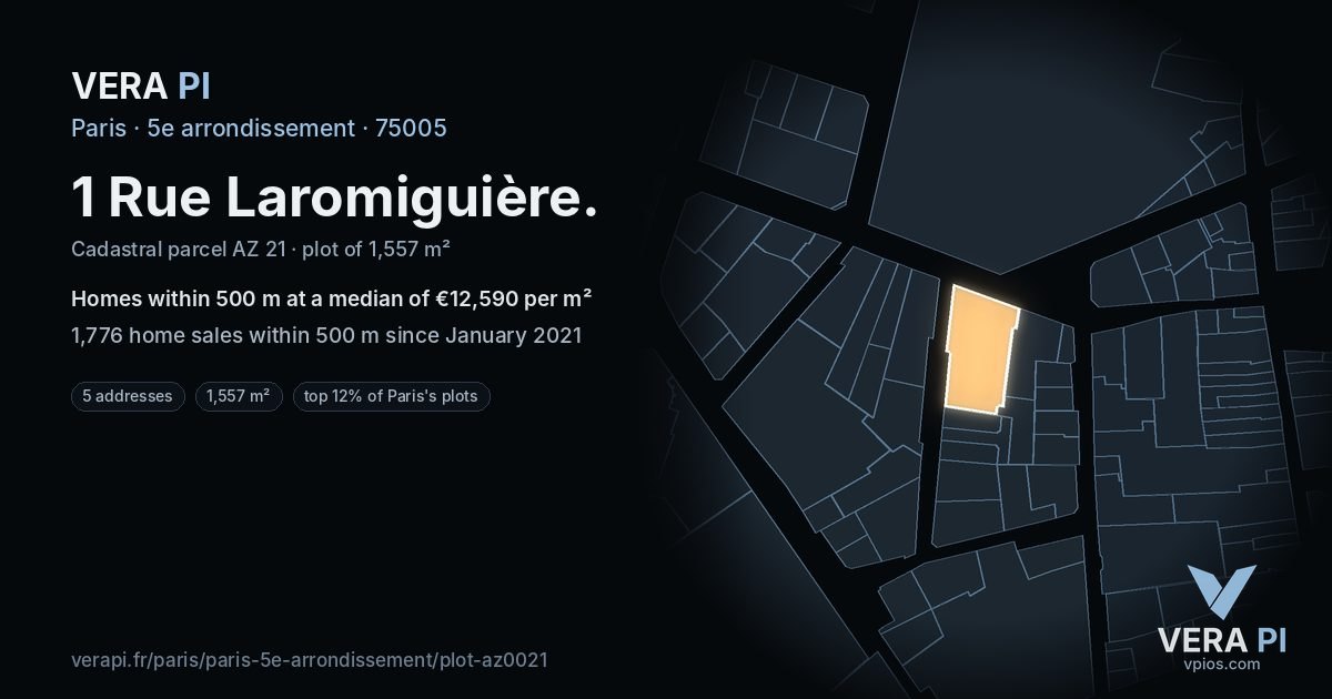 1 Rue Laromiguière, 5e arrondissement at night – the plot lit, the parcels around coloured by the prices near them