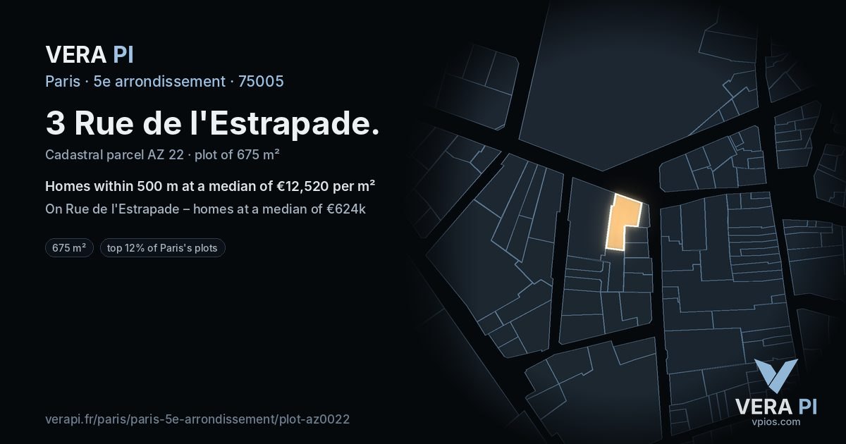 3 Rue de l'Estrapade, 5e arrondissement at night – the plot lit, the parcels around coloured by the prices near them