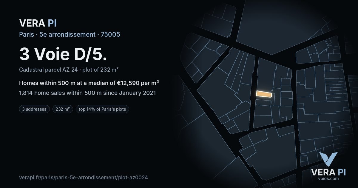 3 Voie D/5, 5e arrondissement at night – the plot lit, the parcels around coloured by the prices near them
