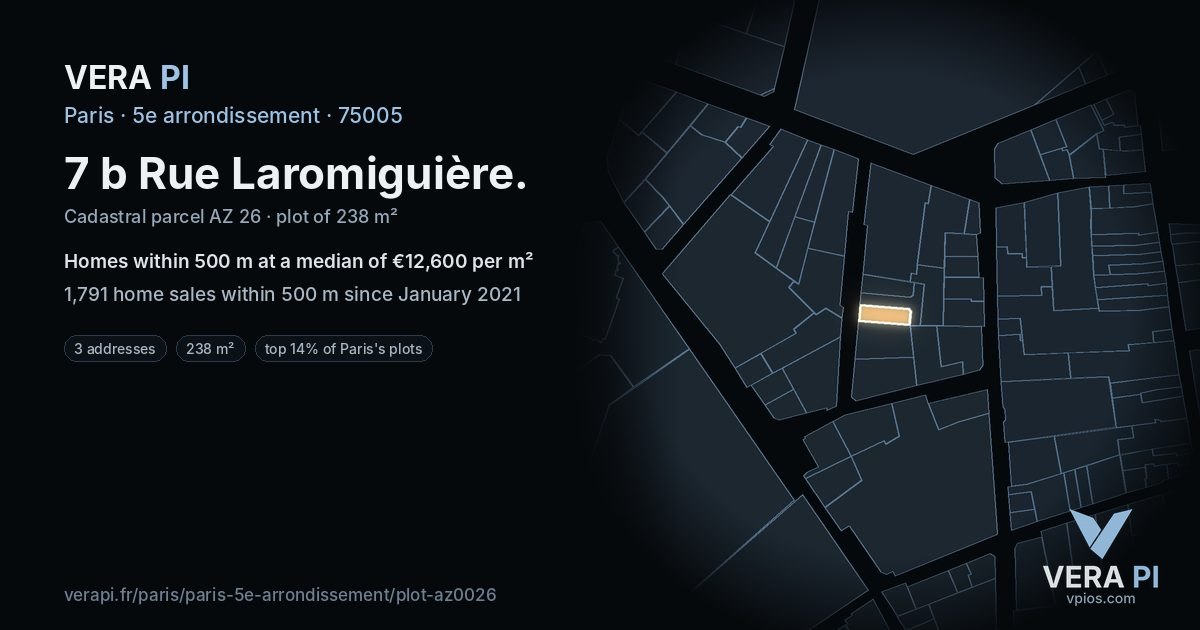 7 b Rue Laromiguière, 5e arrondissement at night – the plot lit, the parcels around coloured by the prices near them