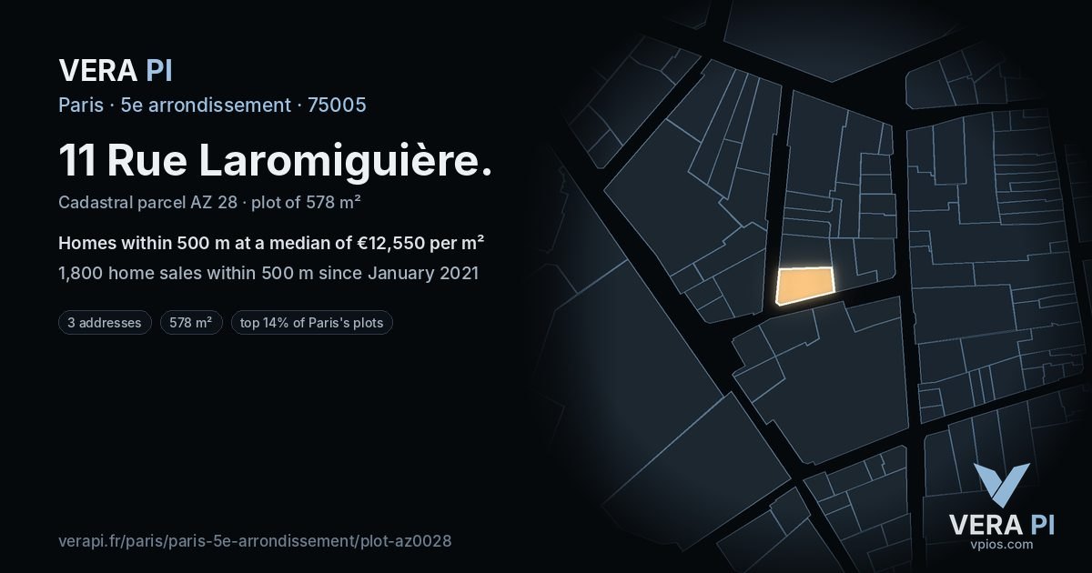 11 Rue Laromiguière, 5e arrondissement at night – the plot lit, the parcels around coloured by the prices near them