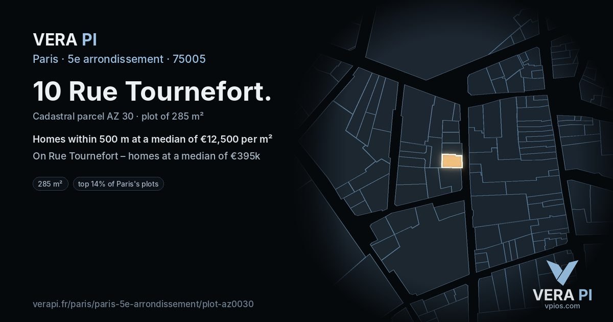 10 Rue Tournefort, 5e arrondissement at night – the plot lit, the parcels around coloured by the prices near them