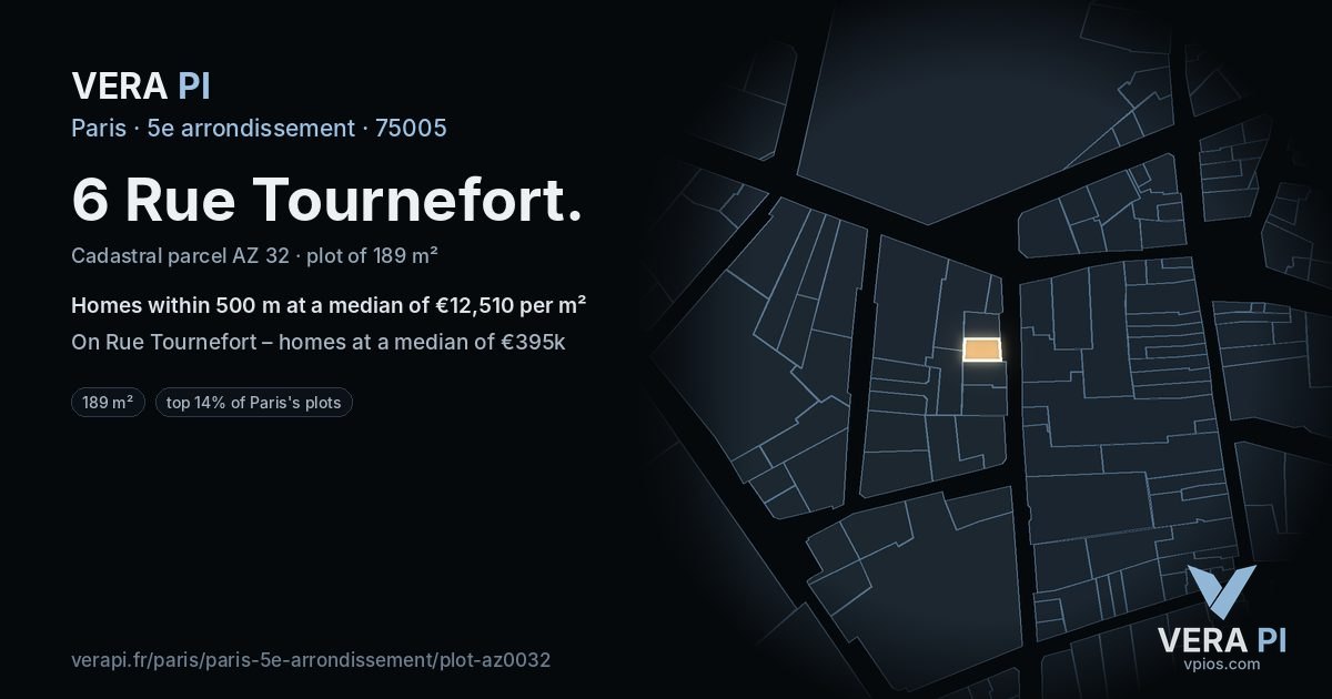 6 Rue Tournefort, 5e arrondissement at night – the plot lit, the parcels around coloured by the prices near them
