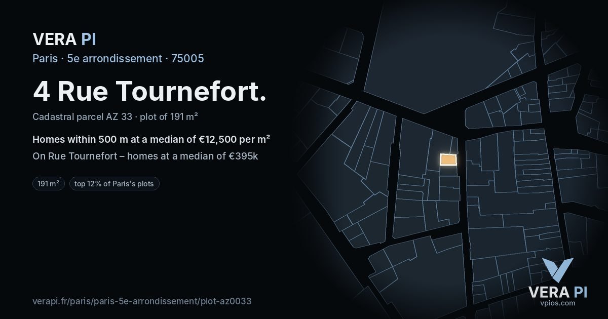 4 Rue Tournefort, 5e arrondissement at night – the plot lit, the parcels around coloured by the prices near them
