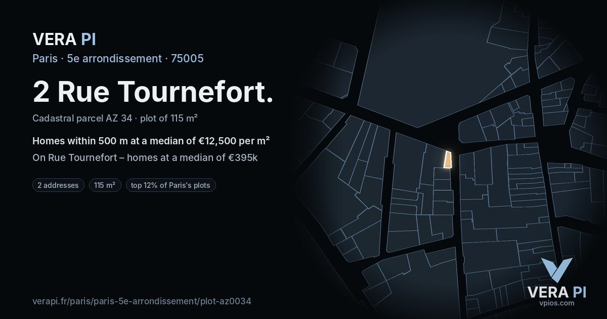 2 Rue Tournefort, 5e arrondissement at night – the plot lit, the parcels around coloured by the prices near them