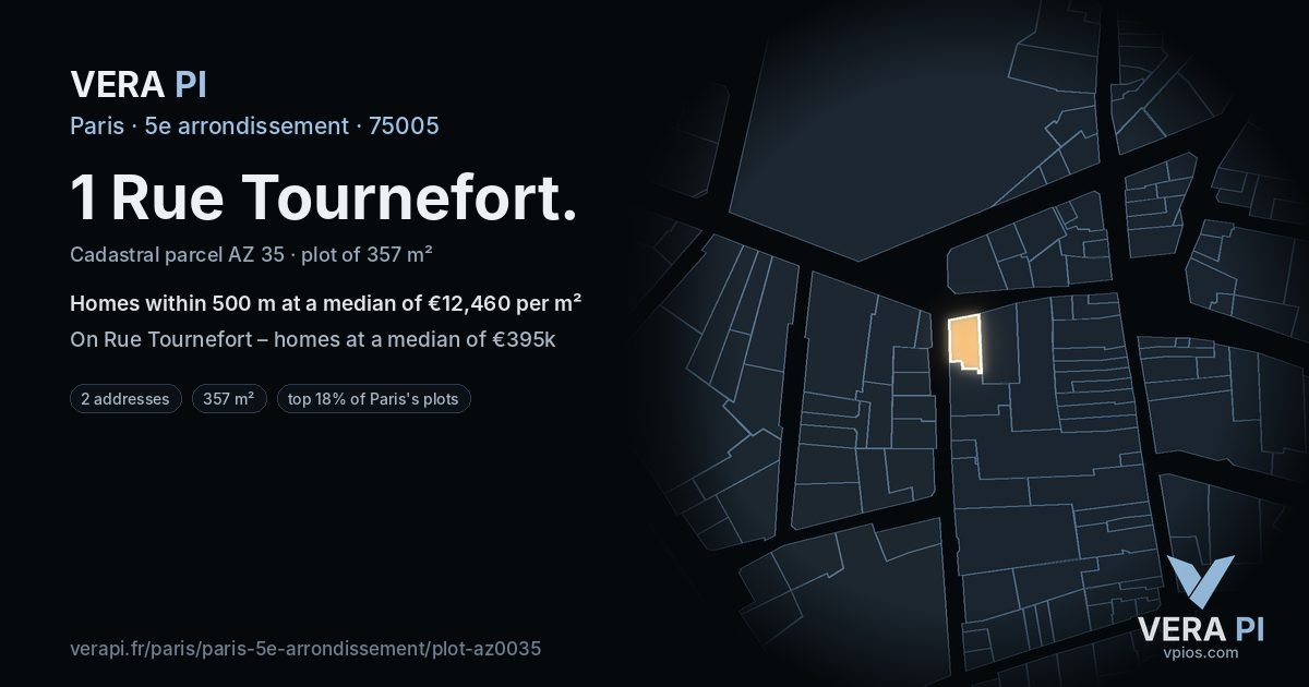 1 Rue Tournefort, 5e arrondissement at night – the plot lit, the parcels around coloured by the prices near them