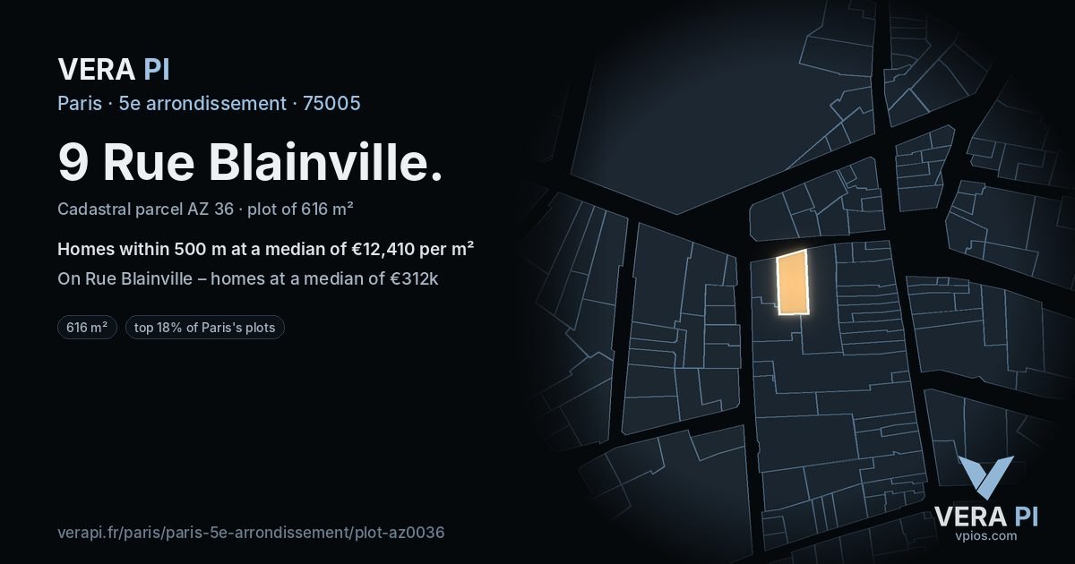 9 Rue Blainville, 5e arrondissement at night – the plot lit, the parcels around coloured by the prices near them