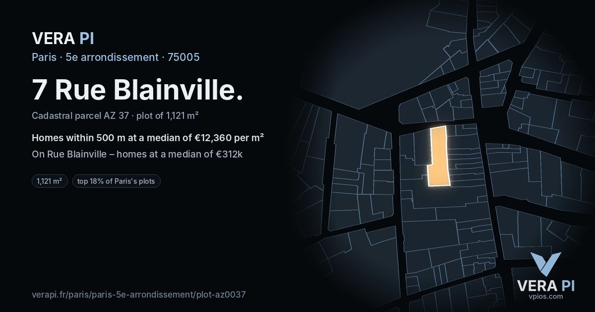 7 Rue Blainville, 5e arrondissement at night – the plot lit, the parcels around coloured by the prices near them
