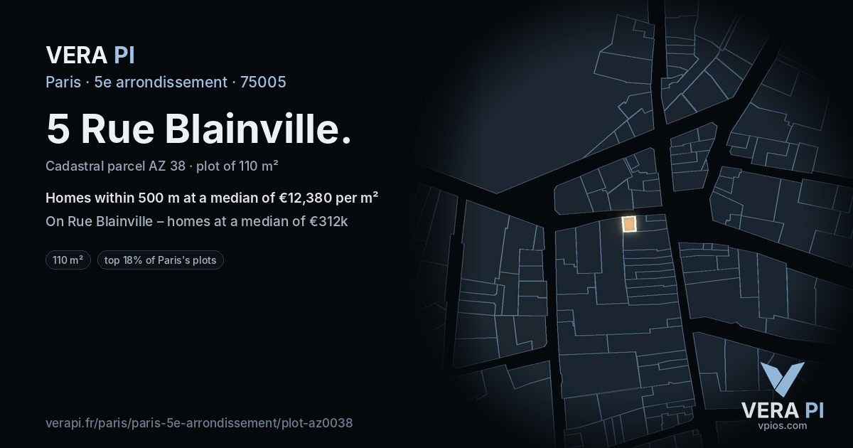 5 Rue Blainville, 5e arrondissement at night – the plot lit, the parcels around coloured by the prices near them
