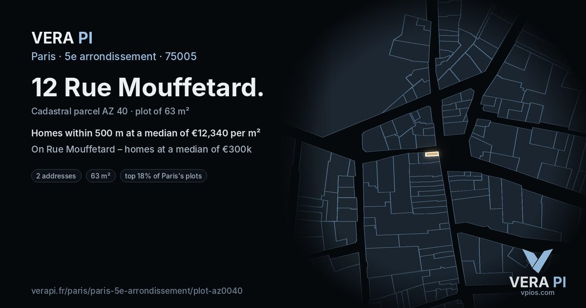 12 Rue Mouffetard, 5e arrondissement at night – the plot lit, the parcels around coloured by the prices near them