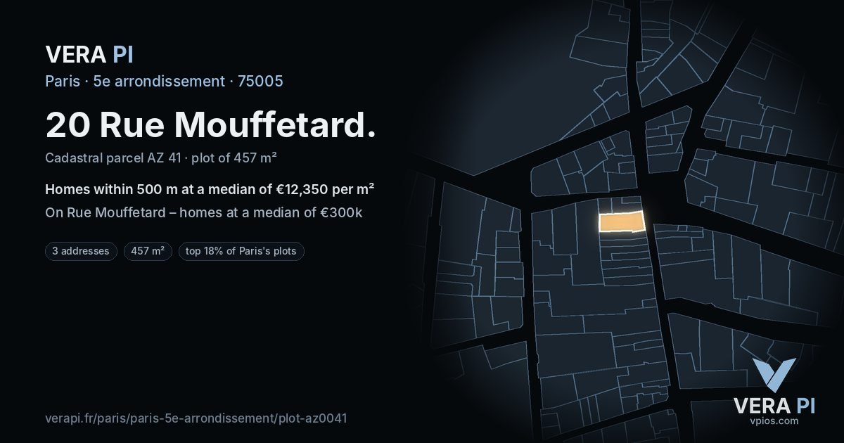 20 Rue Mouffetard, 5e arrondissement at night – the plot lit, the parcels around coloured by the prices near them