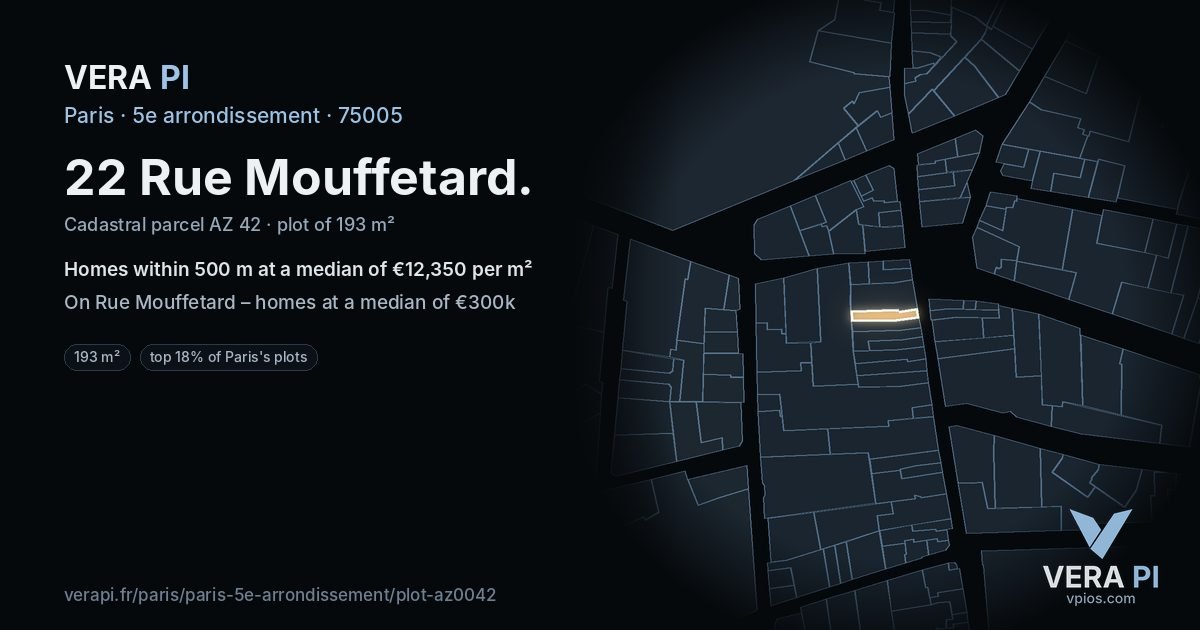 22 Rue Mouffetard, 5e arrondissement at night – the plot lit, the parcels around coloured by the prices near them