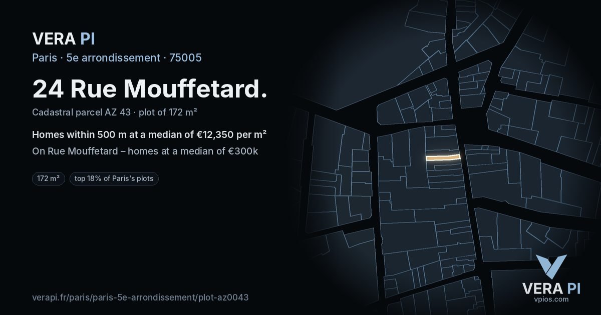 24 Rue Mouffetard, 5e arrondissement at night – the plot lit, the parcels around coloured by the prices near them