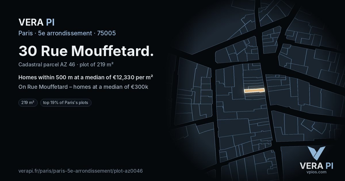 30 Rue Mouffetard, 5e arrondissement at night – the plot lit, the parcels around coloured by the prices near them