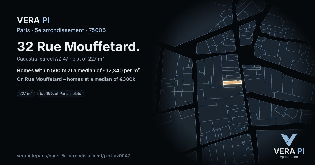 32 Rue Mouffetard, 5e arrondissement at night – the plot lit, the parcels around coloured by the prices near them