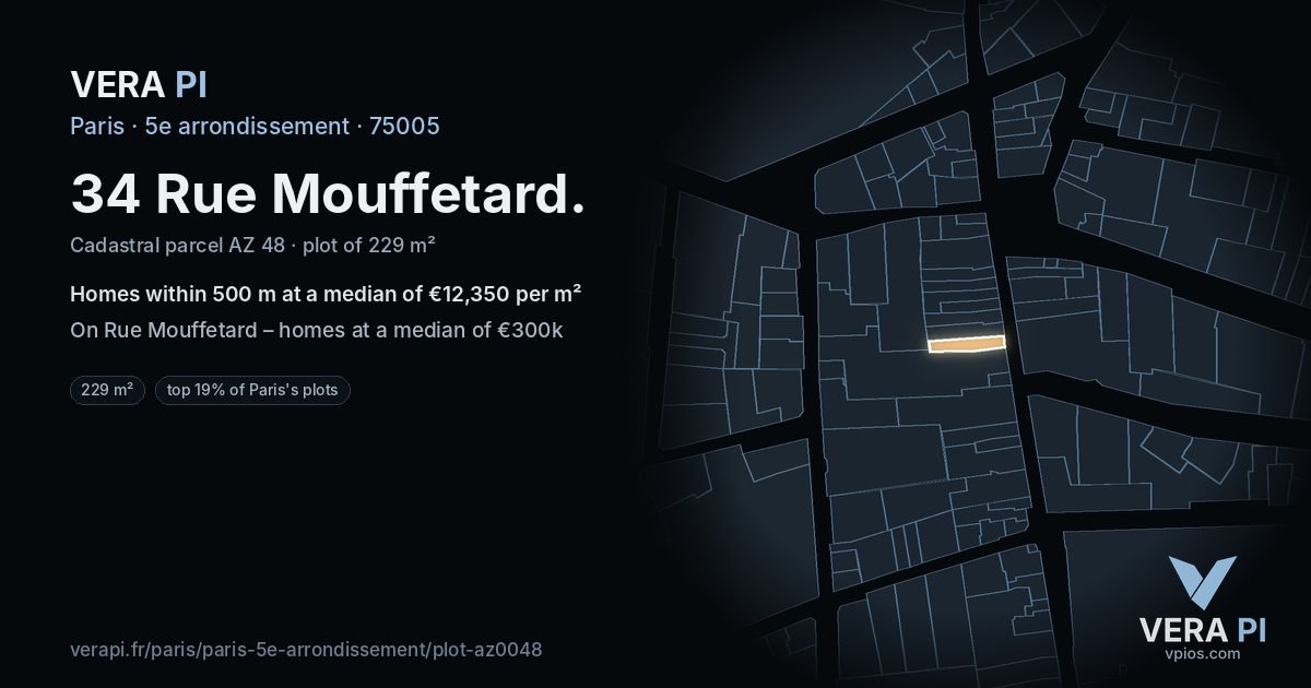 34 Rue Mouffetard, 5e arrondissement at night – the plot lit, the parcels around coloured by the prices near them