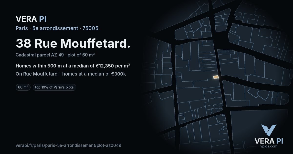38 Rue Mouffetard, 5e arrondissement at night – the plot lit, the parcels around coloured by the prices near them