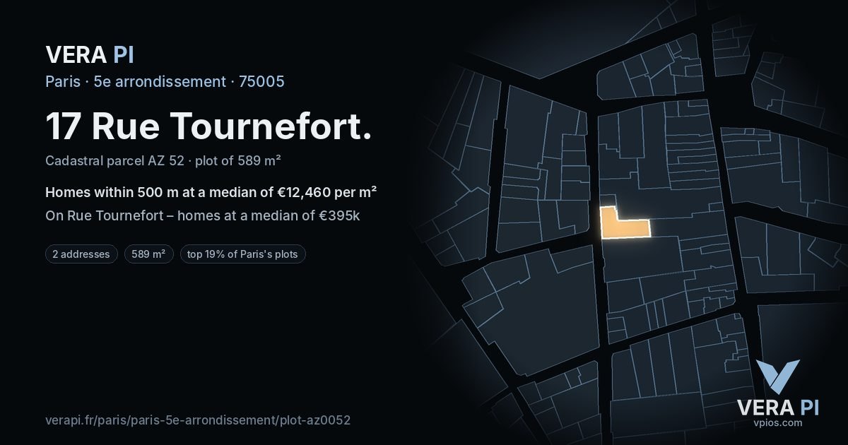 17 Rue Tournefort, 5e arrondissement at night – the plot lit, the parcels around coloured by the prices near them