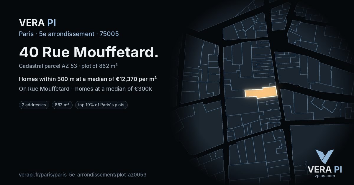 40 Rue Mouffetard, 5e arrondissement at night – the plot lit, the parcels around coloured by the prices near them