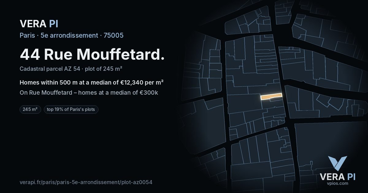 44 Rue Mouffetard, 5e arrondissement at night – the plot lit, the parcels around coloured by the prices near them