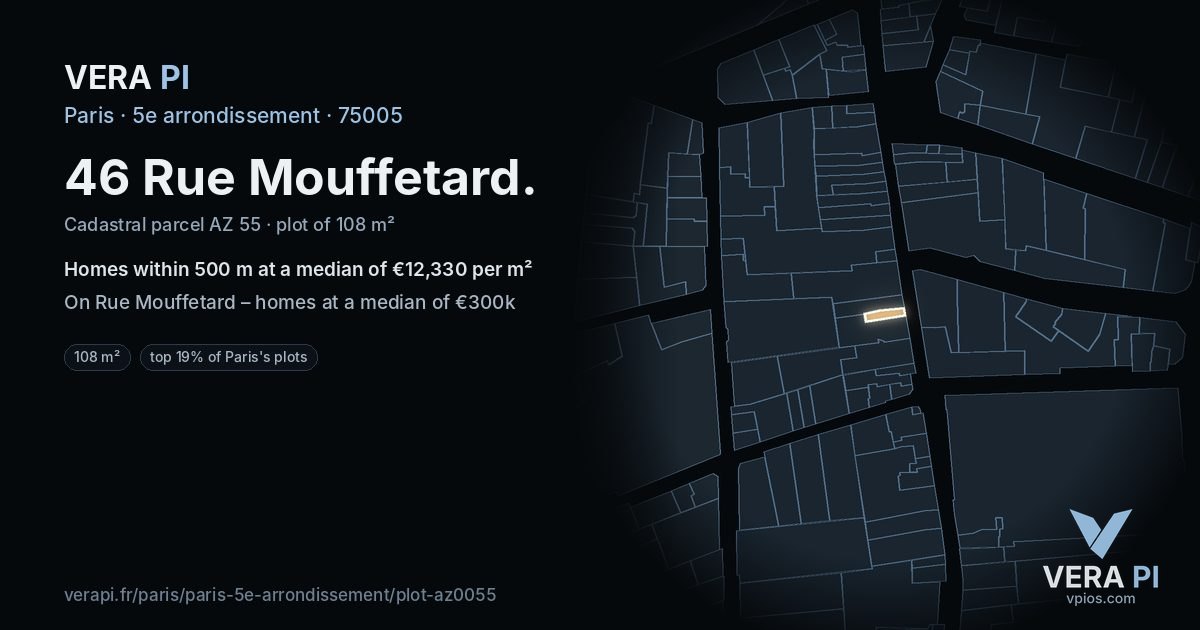 46 Rue Mouffetard, 5e arrondissement at night – the plot lit, the parcels around coloured by the prices near them