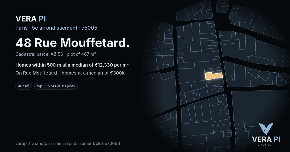 48 Rue Mouffetard, 5e arrondissement at night – the plot lit, the parcels around coloured by the prices near them