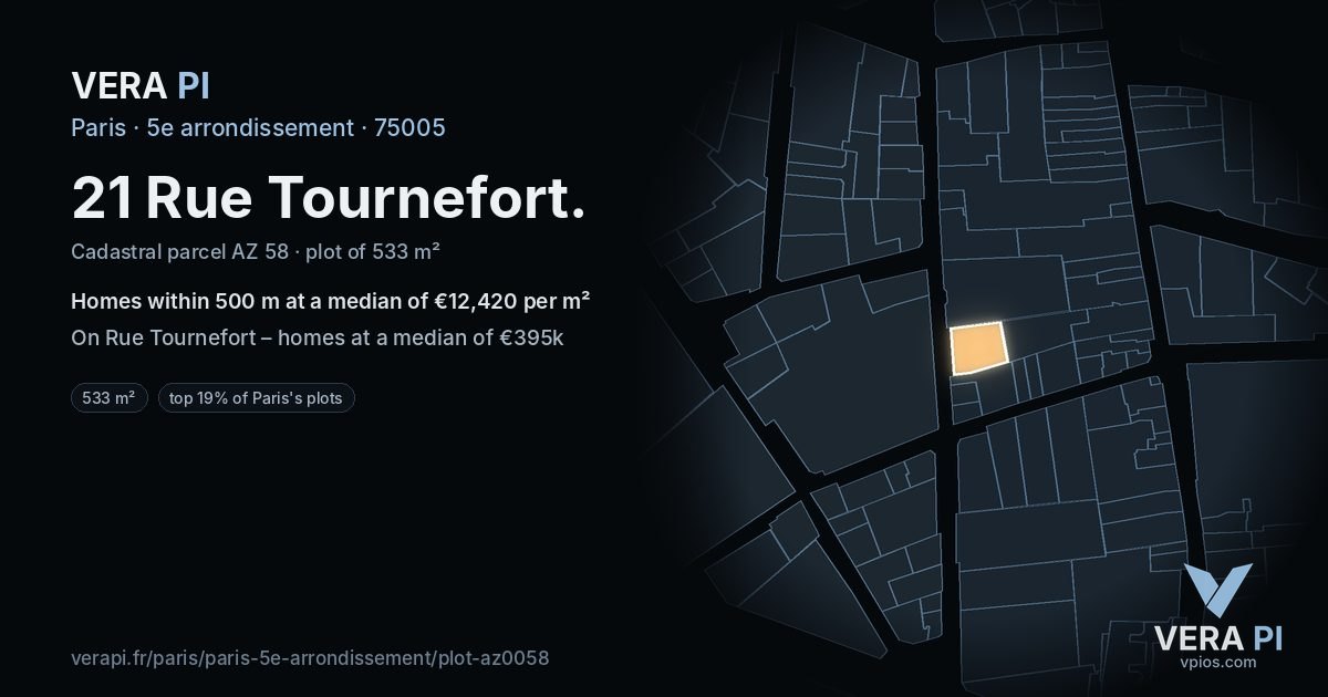 21 Rue Tournefort, 5e arrondissement at night – the plot lit, the parcels around coloured by the prices near them