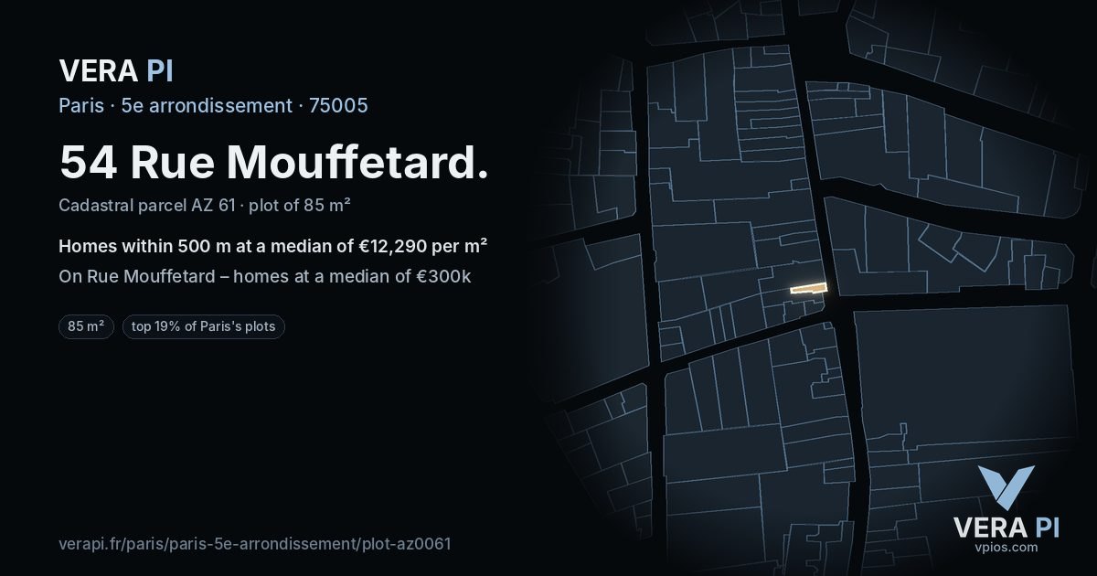 54 Rue Mouffetard, 5e arrondissement at night – the plot lit, the parcels around coloured by the prices near them