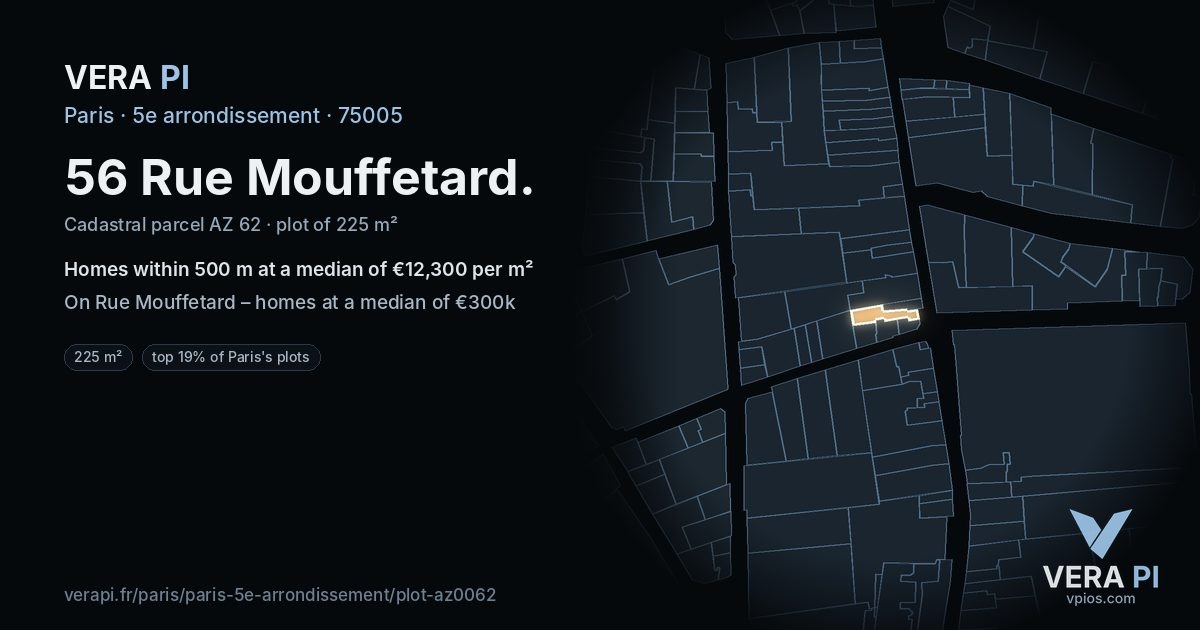 56 Rue Mouffetard, 5e arrondissement at night – the plot lit, the parcels around coloured by the prices near them