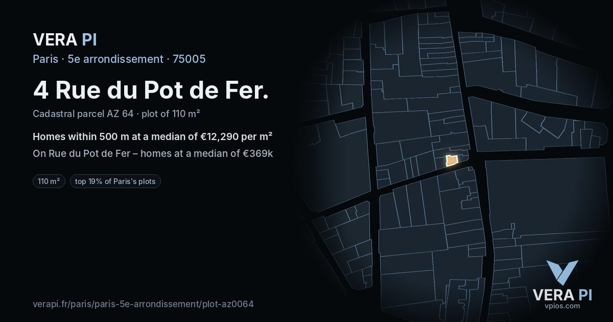 4 Rue du Pot de Fer, 5e arrondissement at night – the plot lit, the parcels around coloured by the prices near them