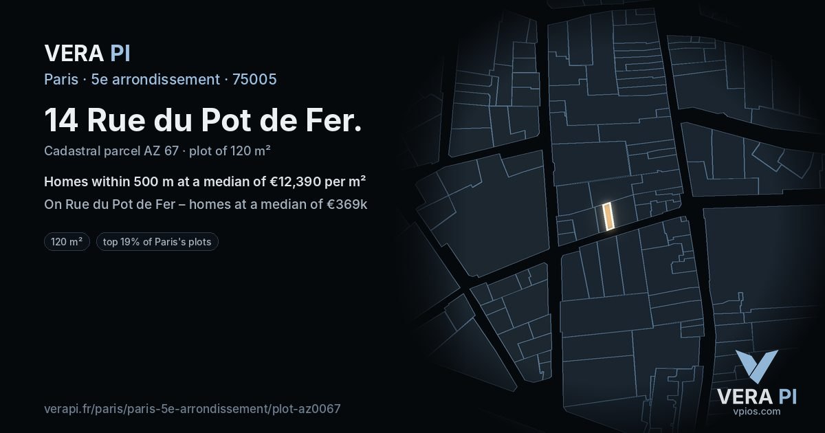 14 Rue du Pot de Fer, 5e arrondissement at night – the plot lit, the parcels around coloured by the prices near them