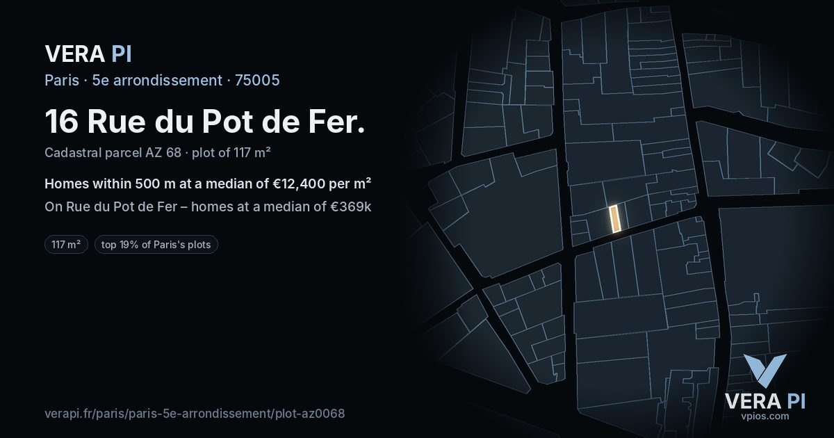 16 Rue du Pot de Fer, 5e arrondissement at night – the plot lit, the parcels around coloured by the prices near them