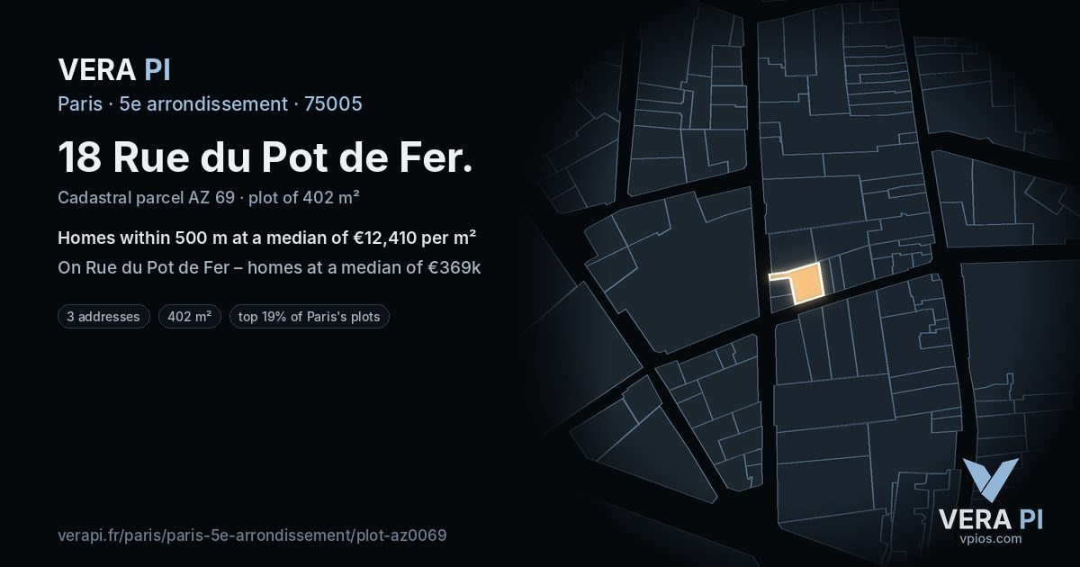 18 Rue du Pot de Fer, 5e arrondissement at night – the plot lit, the parcels around coloured by the prices near them