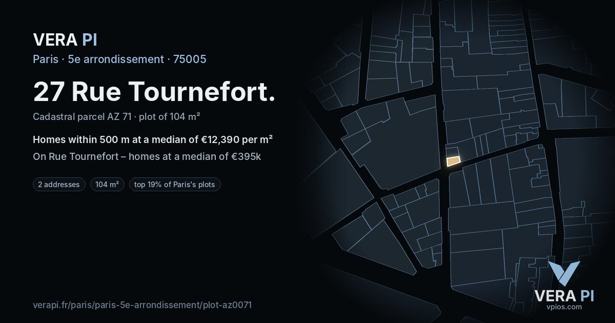 27 Rue Tournefort, 5e arrondissement at night – the plot lit, the parcels around coloured by the prices near them