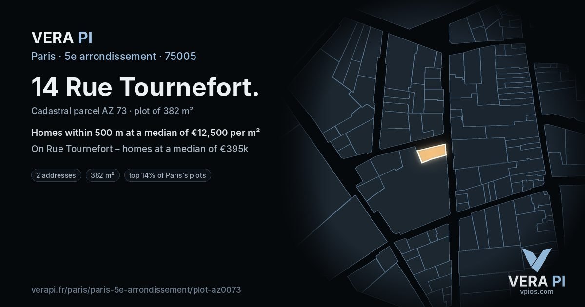 14 Rue Tournefort, 5e arrondissement at night – the plot lit, the parcels around coloured by the prices near them