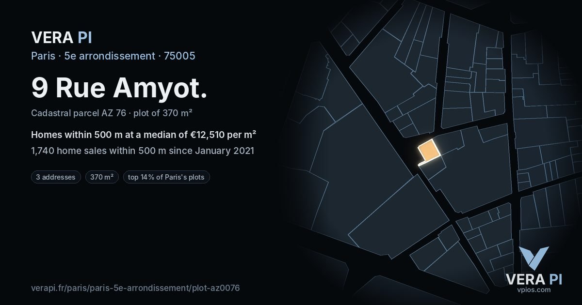 9 Rue Amyot, 5e arrondissement at night – the plot lit, the parcels around coloured by the prices near them