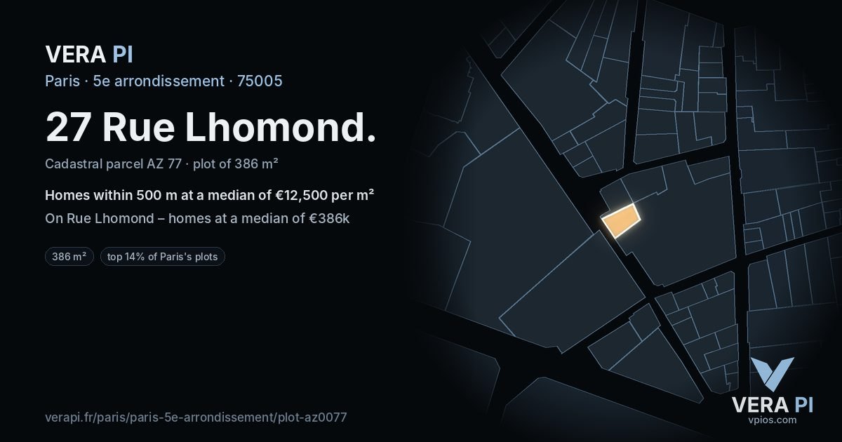27 Rue Lhomond, 5e arrondissement at night – the plot lit, the parcels around coloured by the prices near them