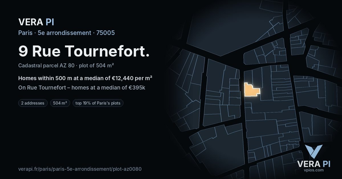 9 Rue Tournefort, 5e arrondissement at night – the plot lit, the parcels around coloured by the prices near them