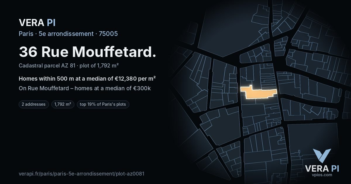 36 Rue Mouffetard, 5e arrondissement at night – the plot lit, the parcels around coloured by the prices near them