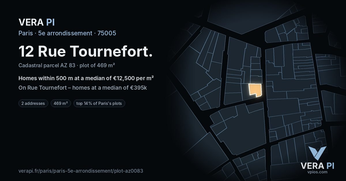 12 Rue Tournefort, 5e arrondissement at night – the plot lit, the parcels around coloured by the prices near them