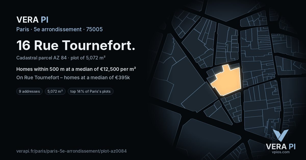 16 Rue Tournefort, 5e arrondissement at night – the plot lit, the parcels around coloured by the prices near them