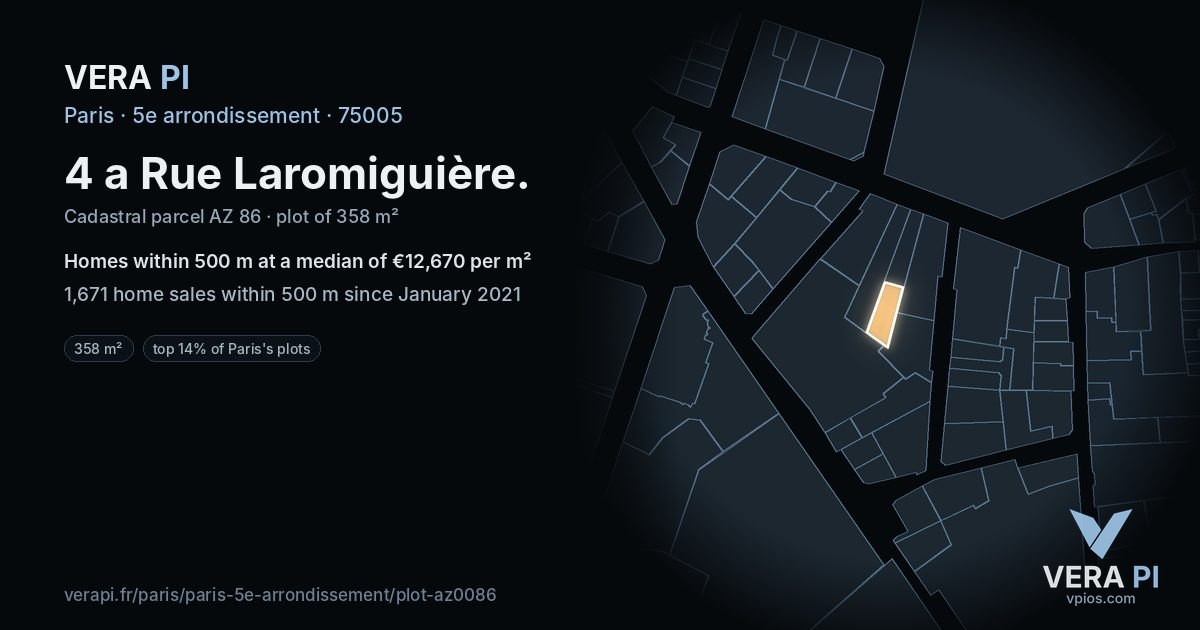 4 a Rue Laromiguière, 5e arrondissement at night – the plot lit, the parcels around coloured by the prices near them