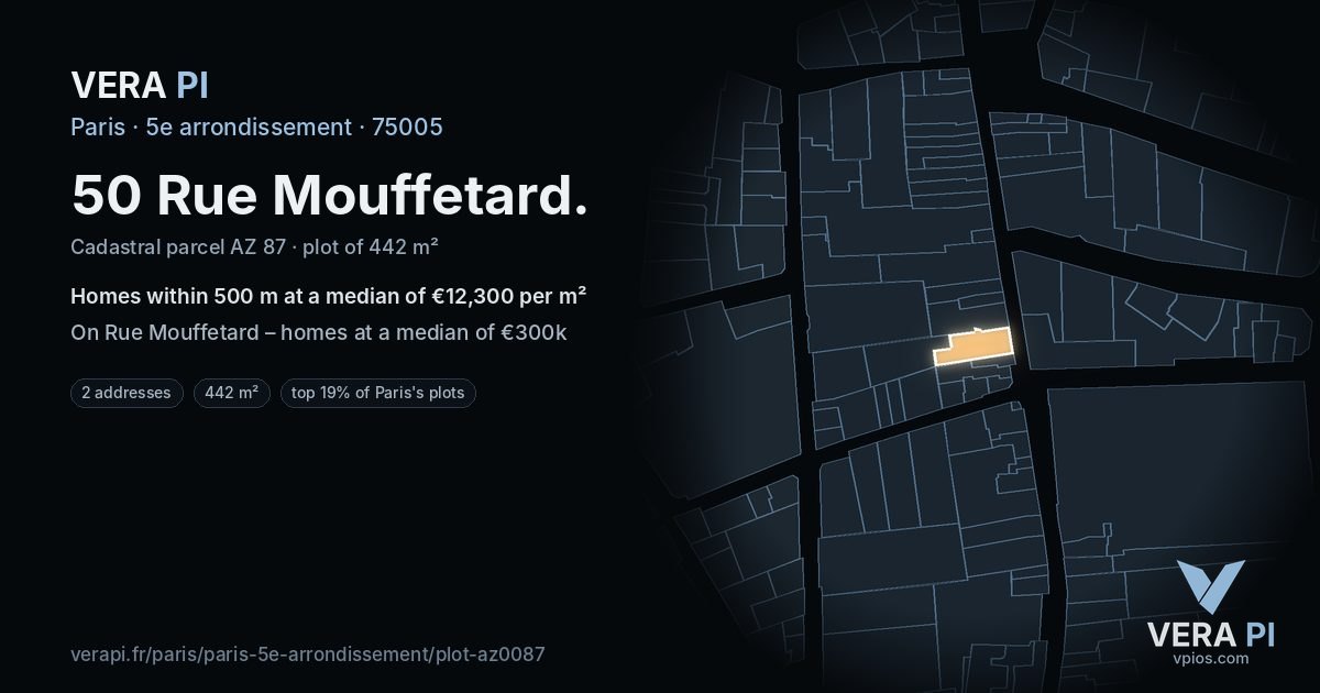 50 Rue Mouffetard, 5e arrondissement at night – the plot lit, the parcels around coloured by the prices near them