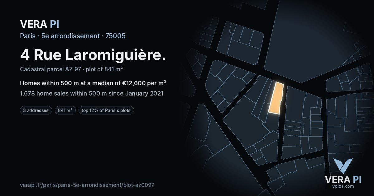 4 Rue Laromiguière, 5e arrondissement at night – the plot lit, the parcels around coloured by the prices near them